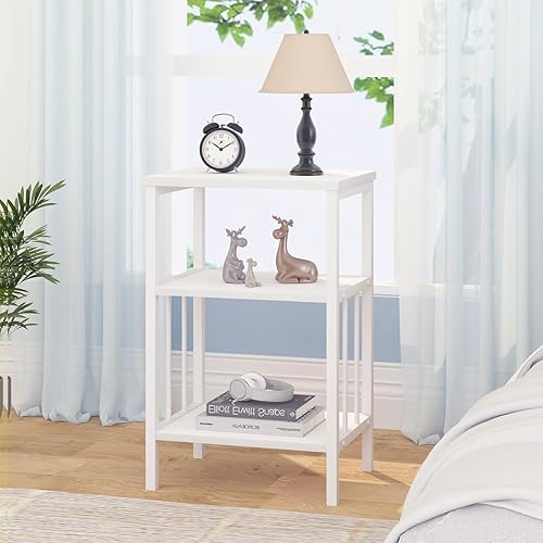 Miniatura 7 de LVB Juego de 2 mesas auxiliares pequeñas blancas, moderna mesita de noche delgada con estante de almacenamiento, mesita de noche estrecha de metal