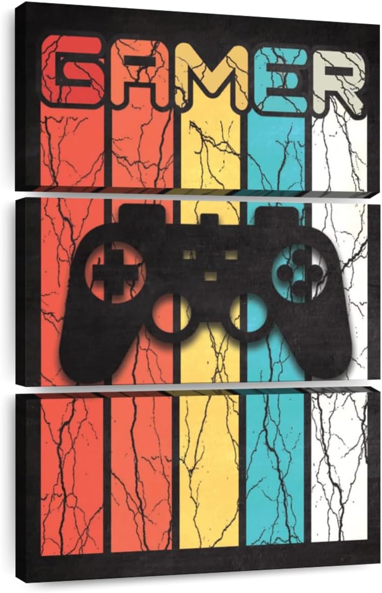 ElephantStock - Color Stripes Gamer Wall Sign Wall Art - Vertical Multi Panel Canvas - 3 Piece Living Room Wall Decor - Digital Art Wall Signs Multi Piece Wall Art - Beige And Gray Decor - 42" x 65"