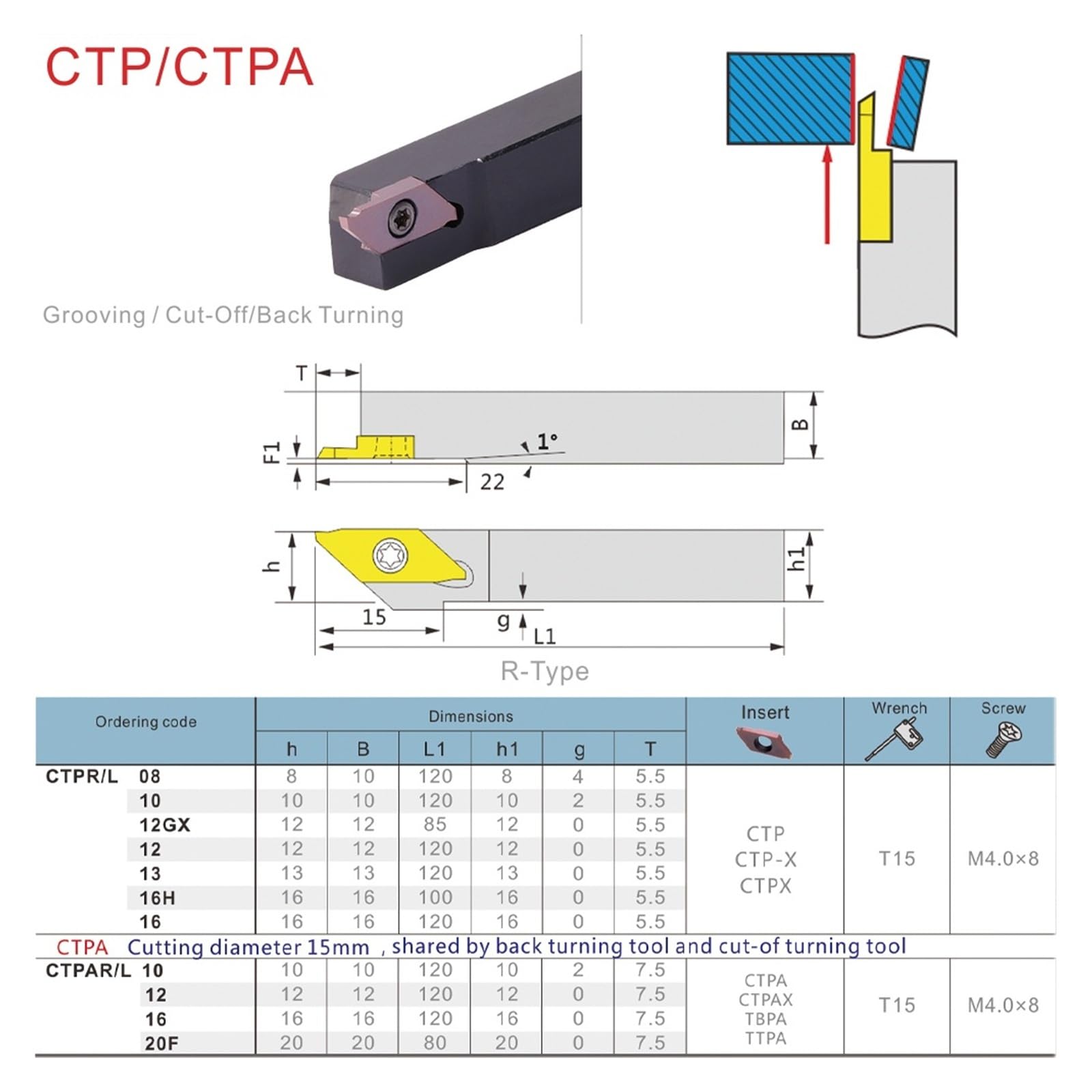 Porte-outil de tournage de rainurage, CTPAR CTPAL CTPR CTPL, CTPAR08 CTPAR10 CTPAR12 CTPAR16 CTPAR20 CTPR08 CTPR10 CTPR12 CTPR16 CTPR20(Right CTPR,16mm)