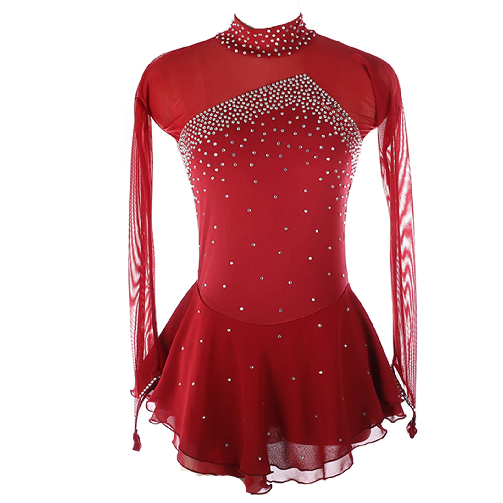 Tanzkleid Mädchen Pailletten Eiskunstlauf Kleid Kinder Langarm Ballettkleid Tanztrikot Mit Rock Kleider Gymnastikanzug Wettbewerb Tanz Kostüme,Burgundy,S