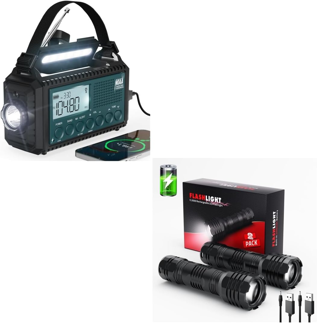 2 Pack Rechargeable Flashlights High Lumens + Emergency Weather Radio