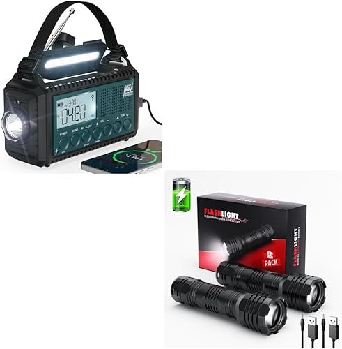 2 Pack Rechargeable Flashlights High Lumens +NOAA Emergency Weather Alert Radio, 5000 Large Capacity Hand Crank Solar Powered AMFMShortwave Radio
