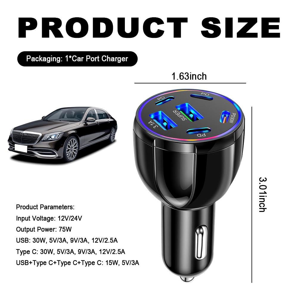 Cargador de coche de 6 puertos USB C y USB A, adaptador de cargador de coche ultrarrápido de 75 W con Super/PD30W/PD/3.1A, adaptador universal de 12V/24V para encendedor de coche, adaptador USB para