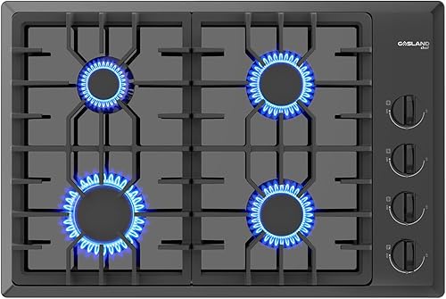 GASLAND Chef PRO GH2304ES - Placa de cocina a gas de 30 pulgadas, color negro, 4 quemadores sellados Italia Sabaf, enchufe de cable de 3.9 pies,