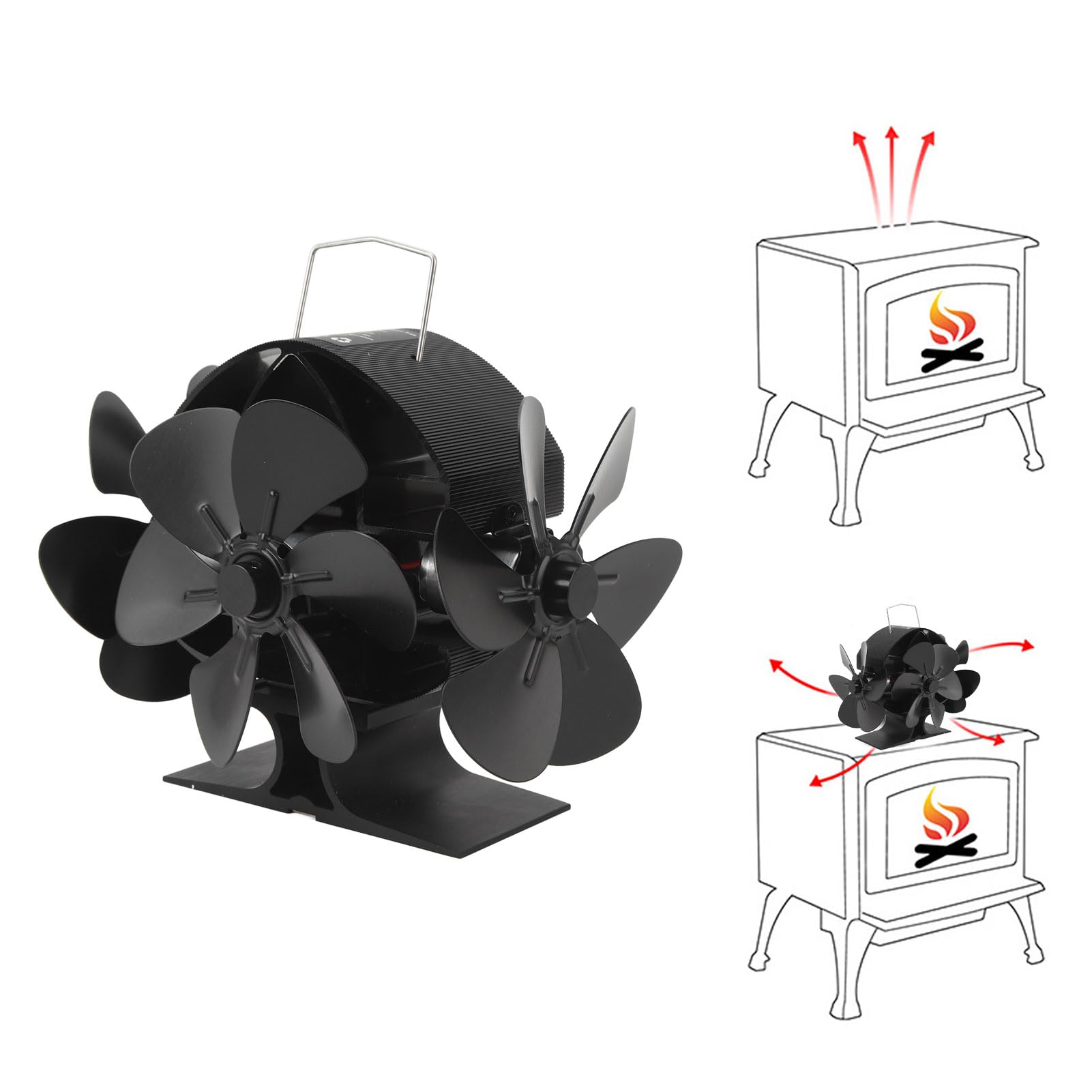 Ventilador de estufa accionado por calor, 3 cabezales de 18 palas de 270 ° de aluminio oscilante soplando ventilador de chimenea con manija de cubierta protectora para estufa de