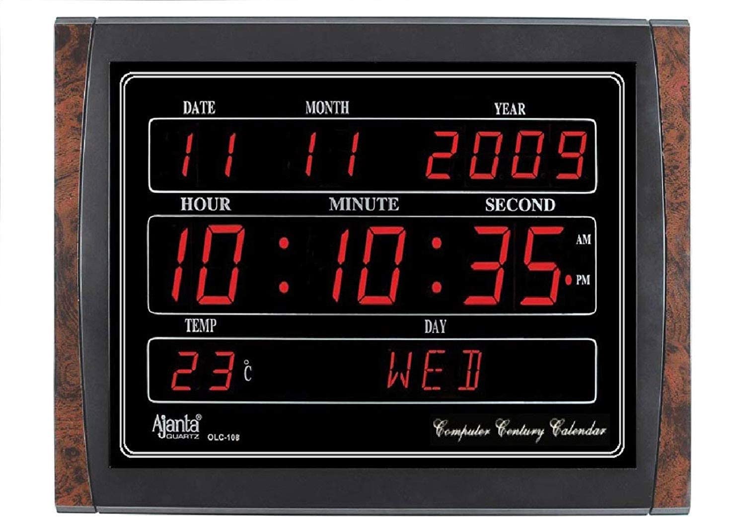 Ajanta Quartz Digital Red Led Rectangle Wall Clock Olc - 108 (39.6 Cm X 29.6 Cm X 3.1 Cm) - Plastic