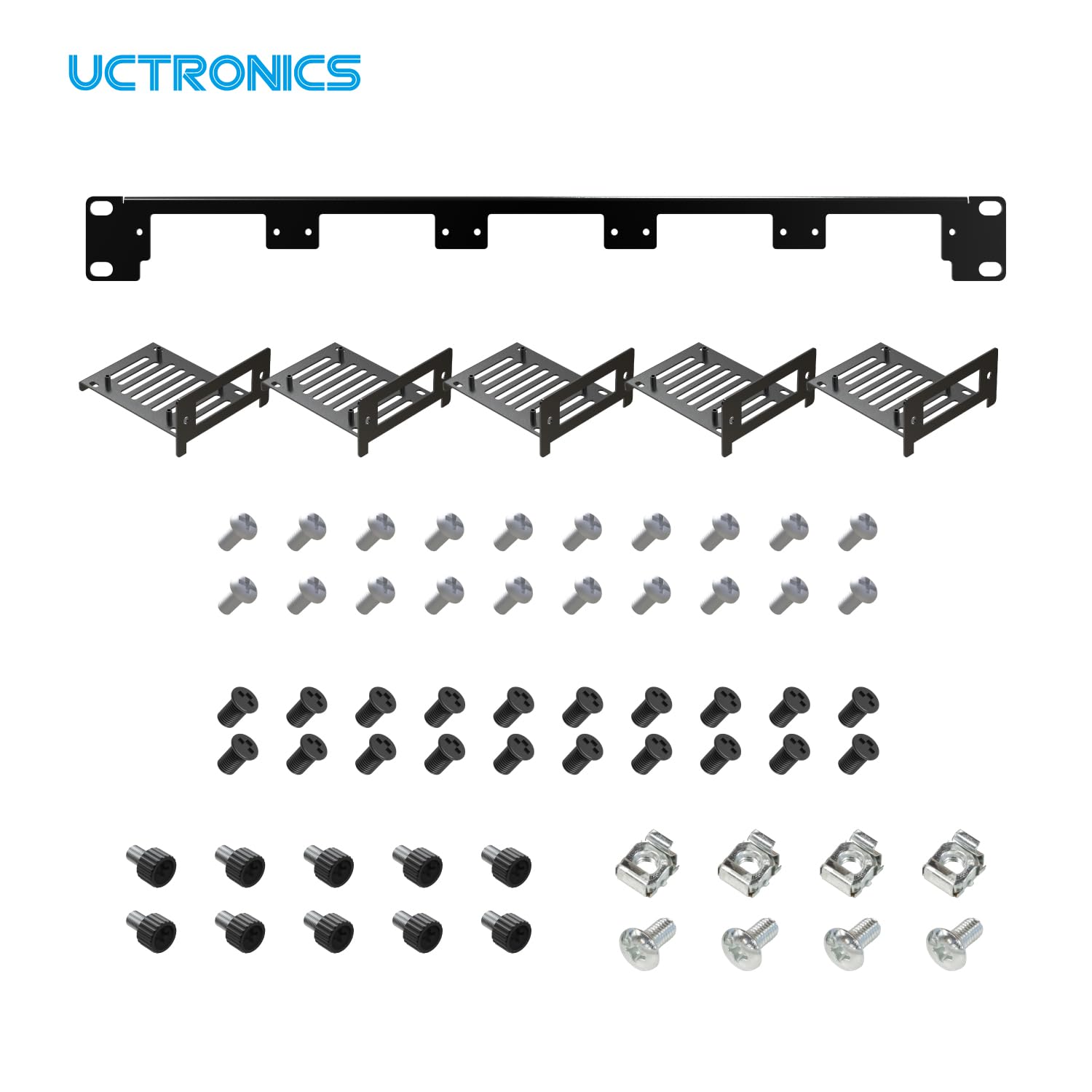 UCTRONICS Supporto rack Raspberry Pi in acciaio al carbonio 19" 1U, può contenere fino a 5 schede Raspberry Pi 5/4B/3B+, staffe frontali rimovibili, compatibile con SSD da 2,5"