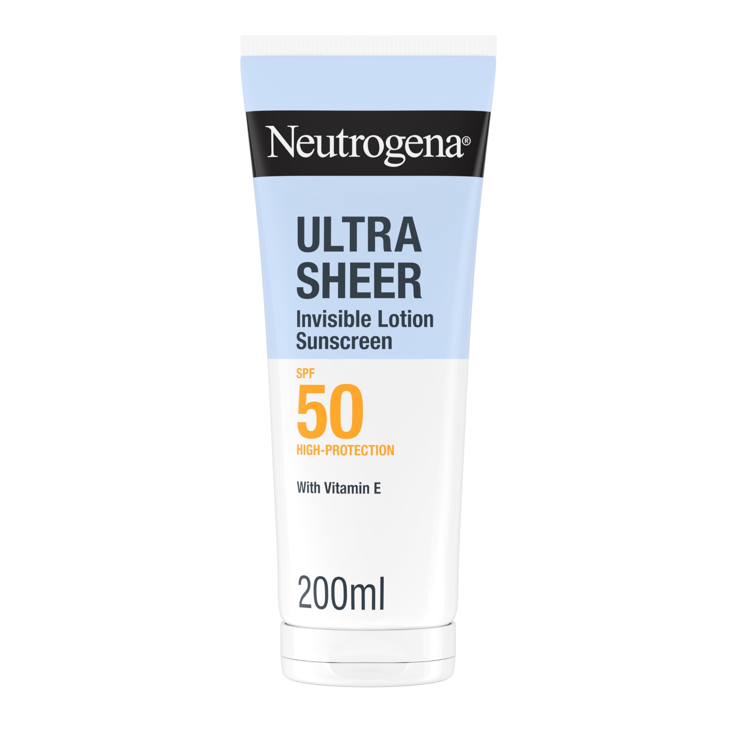 Neutrogena Ultra Sheer Lozione Idratante Invisibile Protezione Solare SPF 50 200 ml, Crema solare 50 viso e corpo con Vitamina E, Waterproof, Per tutti i tipi di pelle, Ultra-leggera, Senza profumo