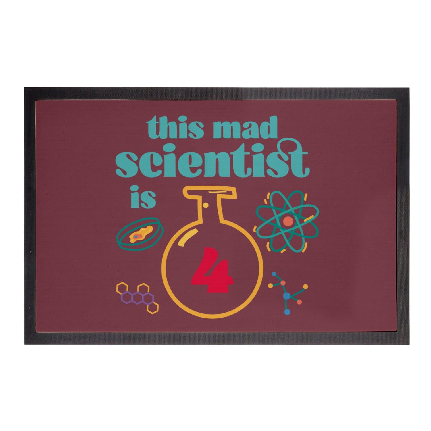 Paillasson rouge science 60x40cm pour anniversaire 4 ans thème savant fou