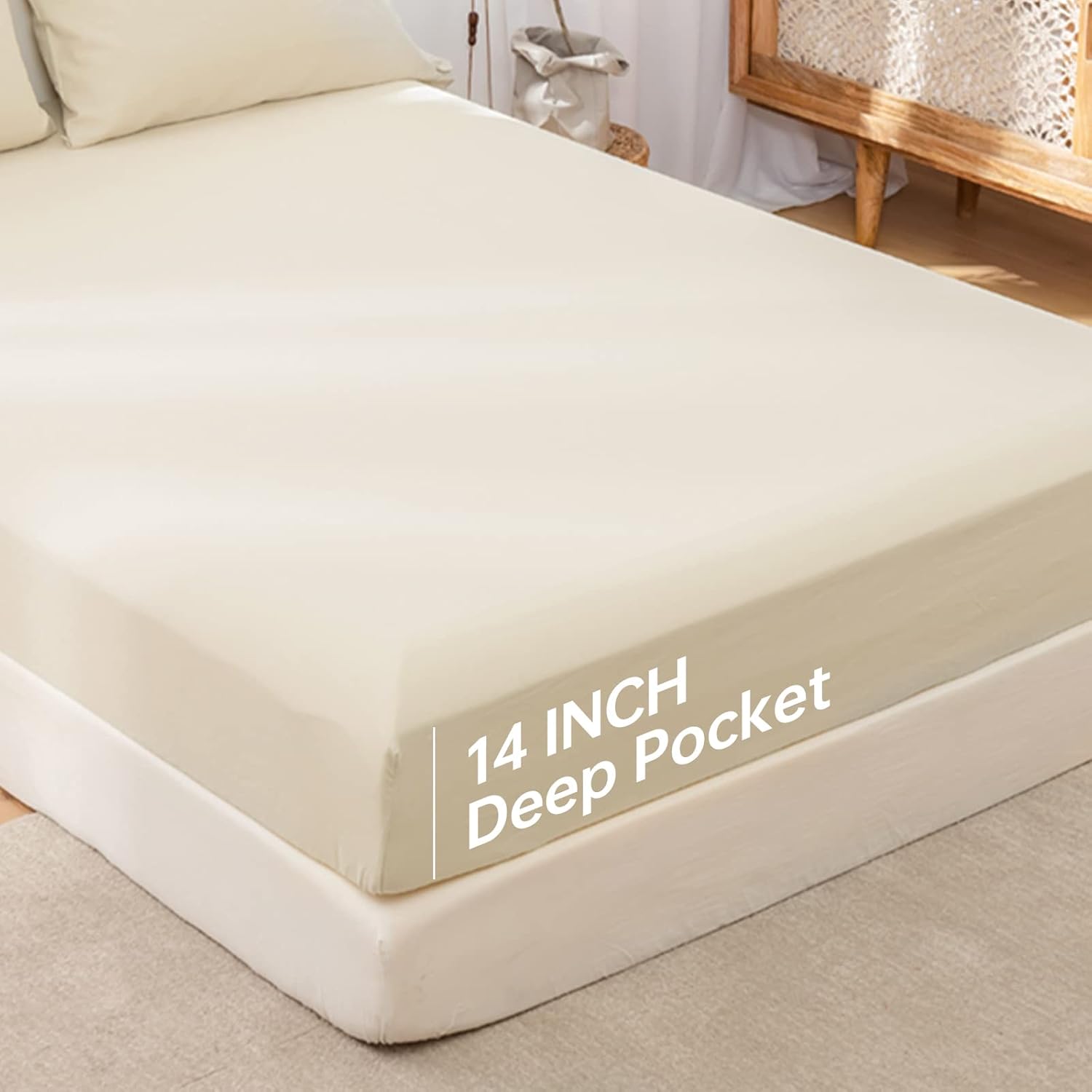 Simple&Opulence Linen Fitted Sheet (1 Piece) - 14 Inch Deep Pocket Mattress Cover Natural Flax Cotton Blended Soft Breathable Bedding - Linen, Full Size - Image 3