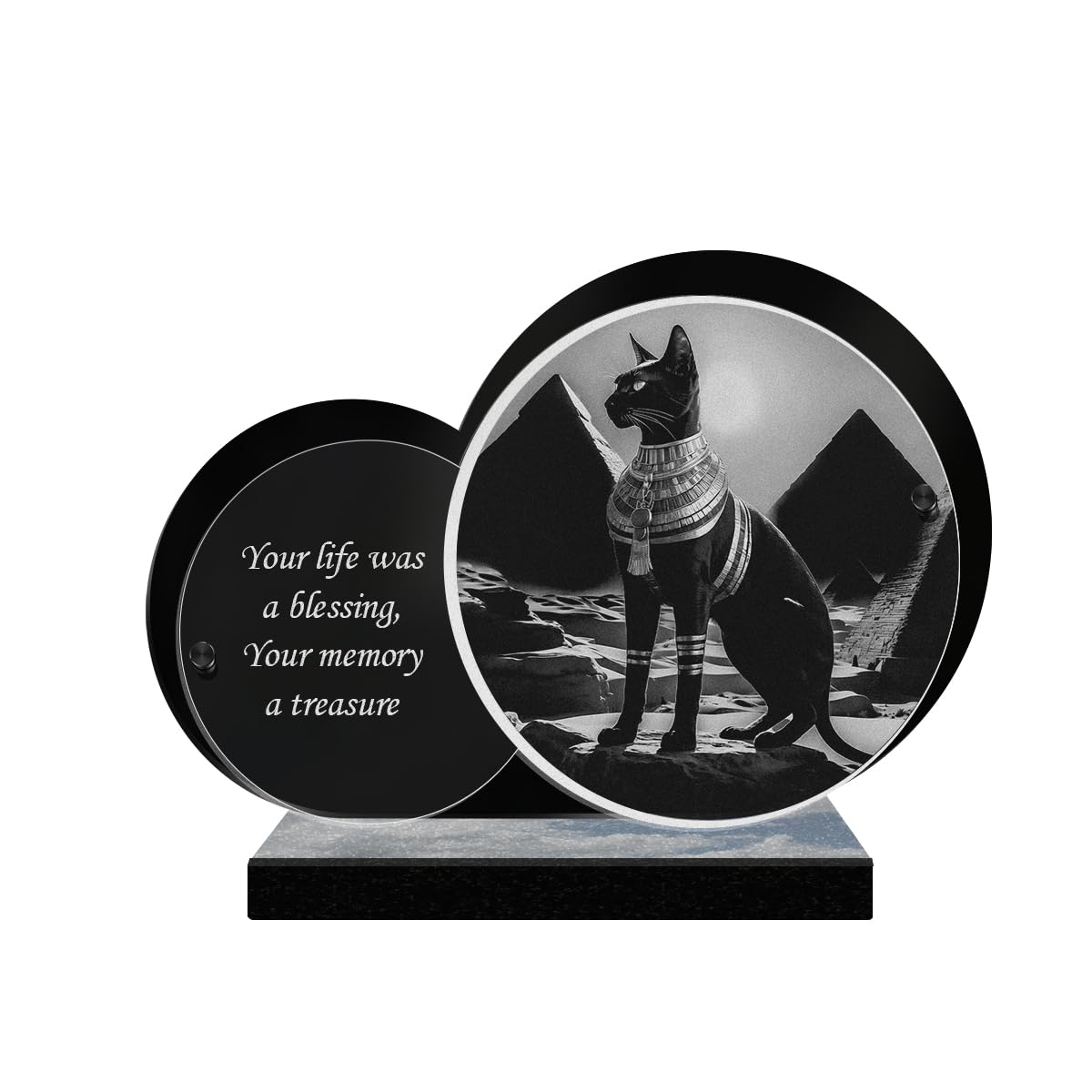 ETERNEL - Personalized Double Circle Memorial Plaque - Bastet Guardian Egypt, Pyramid - Customizable text, laser-engraved memorial plaque for tribute, cemetery plaque, mortuary, funeral