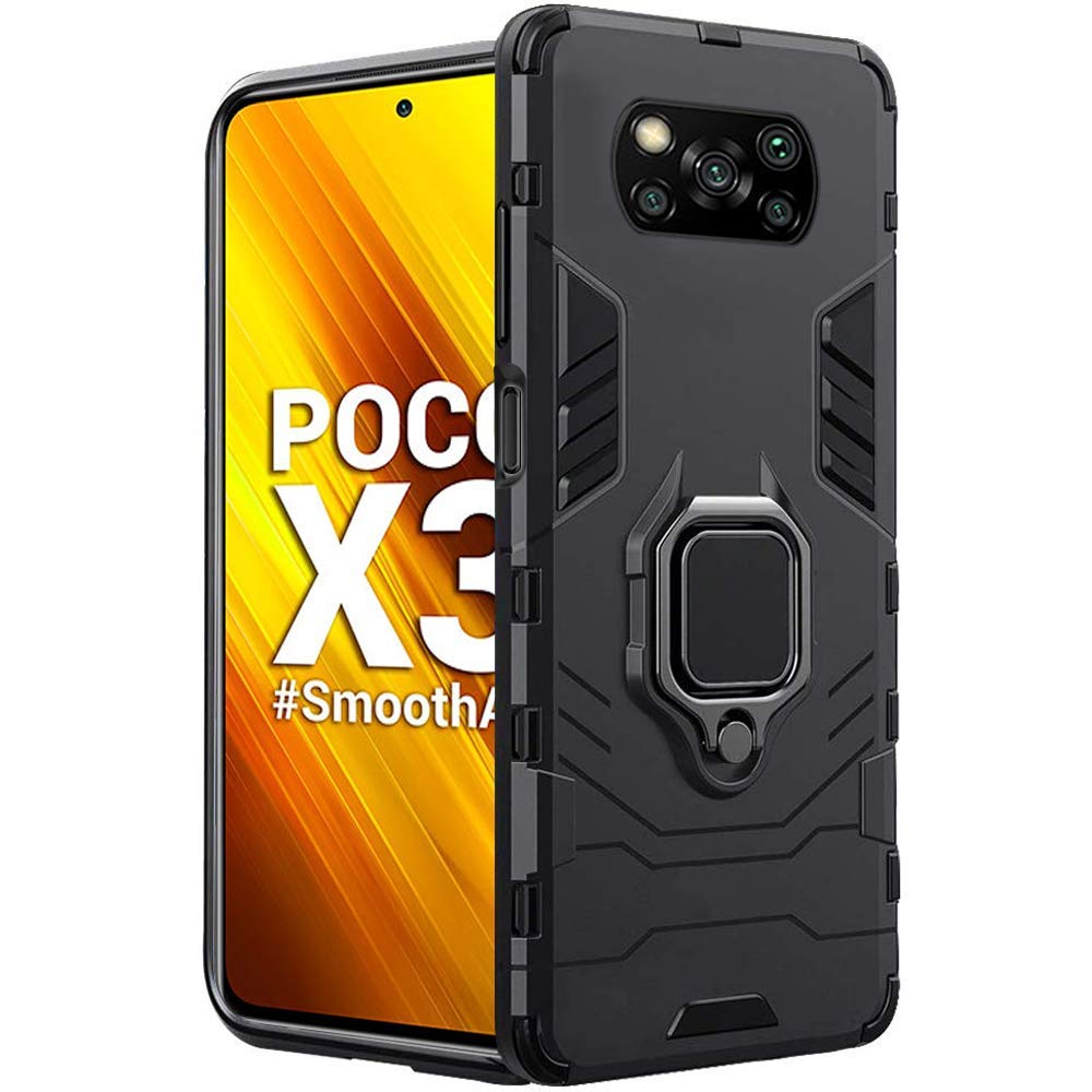 WOW IMAGINE Shock Proof Back Case Mobile Cover for Xiaomi Poco X3 (Armor | Hybrid PC + TPU | Full Protection with Ring Holder Kickstand | Carbon Black)