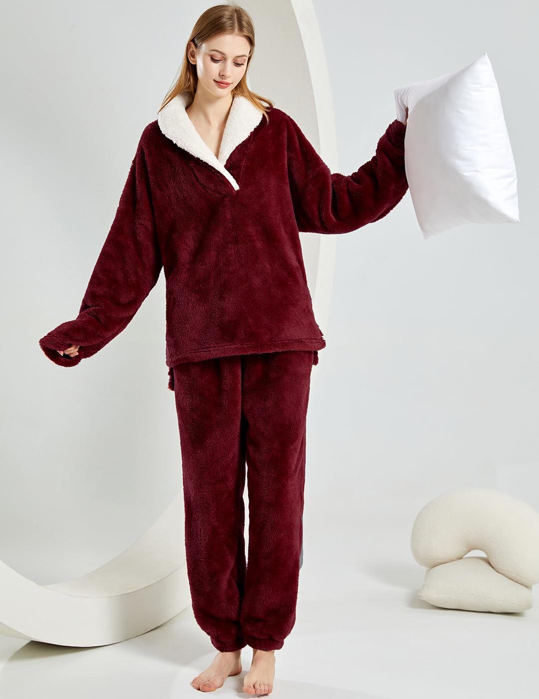 Women's Fluffy Loungewear Sleepwear Lounge Casual Pajamas Sets Loose Long Sleeve Fleece Pullover and Pants Set - Image 7