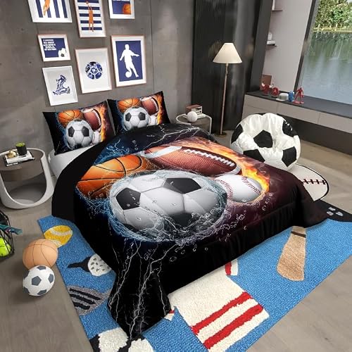Erosebridal Twin Comforter Set for Boys Baseball Bedding Basketball Comforter Soccer Bedding Set for Teens Football Comforter Set with 1 Pillow Sham Basketball Room Decor Sports Themed Quilt Set, Soft