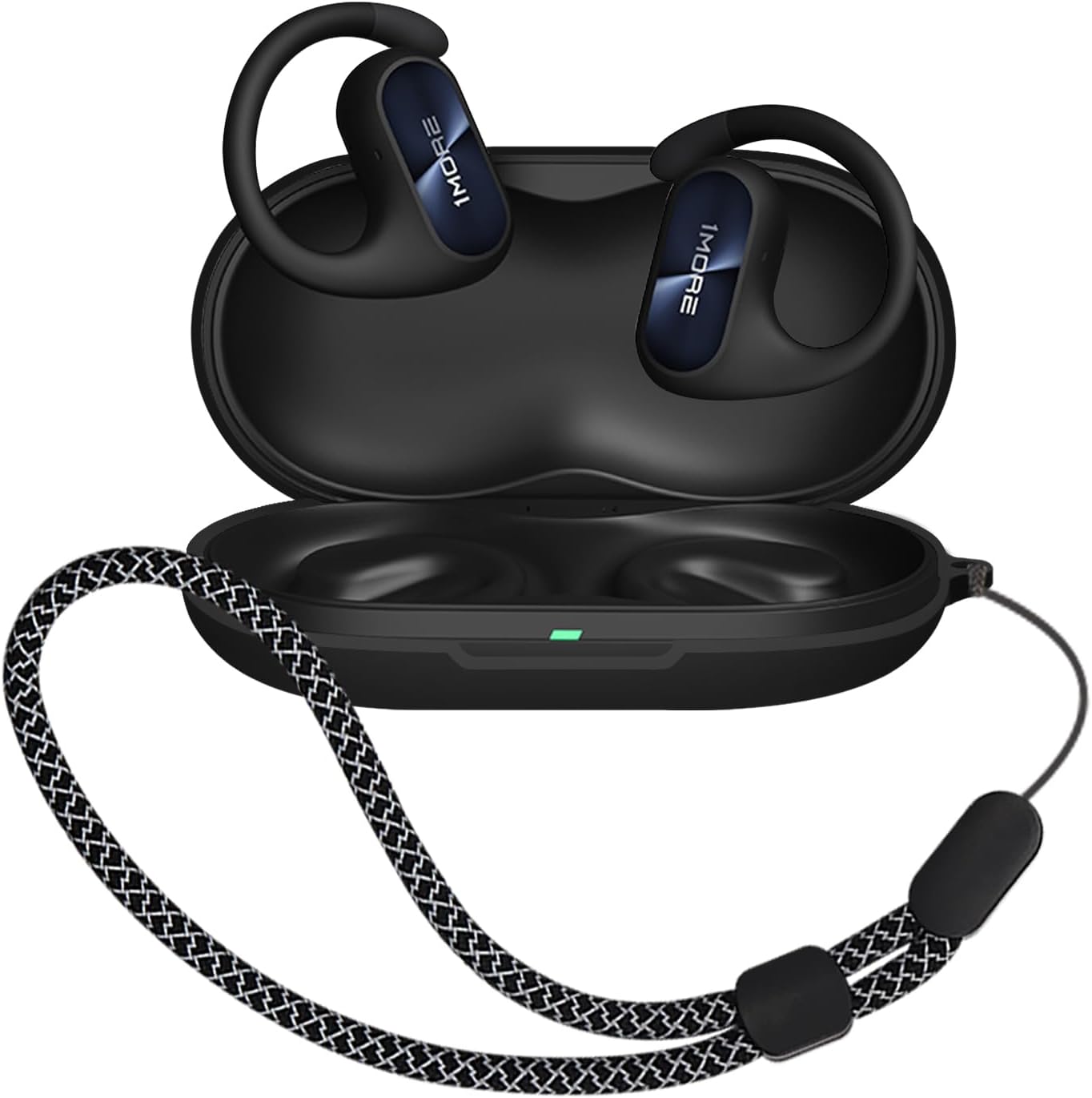 Suitable for 1MORE Fit SE S30 All-Round Protective Cover, Headphone Charging Cover, Scratch Resistant Cover, 360 ° Earthquake Resistant, Waterproof and Drop Resistant (Black+Black Hanging Rope)