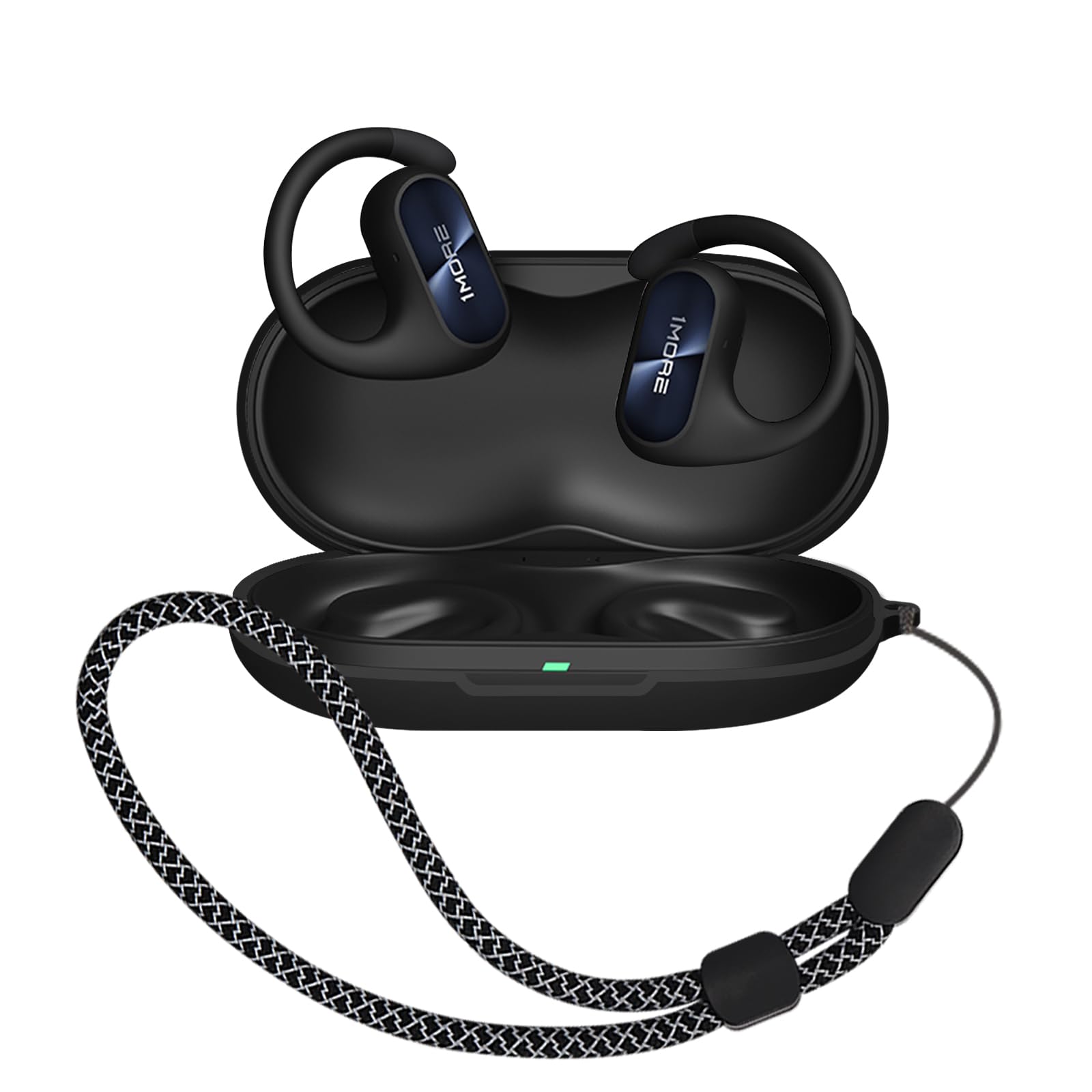 Suitable for 1MORE Fit SE S30 All-Round Protective Cover, Headphone Charging Cover, Scratch Resistant Cover, 360 ° Earthquake Resistant, Waterproof and Drop Resistant (Black+Black Hanging Rope)