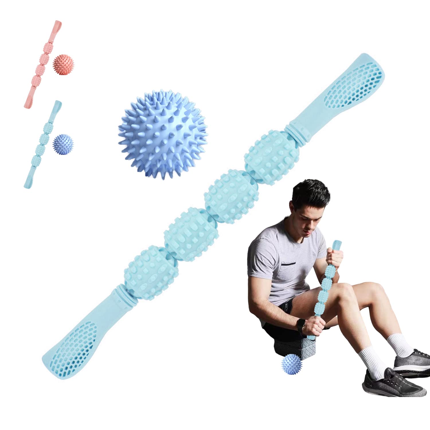 2Pcs Kit Blue 18in Massage Roller Stick & Massage Ball, Lovers Wife Women's Dayy Gift,Relief Back Pain,Leg Cramp Muscle Sore for Relax & Physical Therapy,Eco-Friendly Material & Portable
