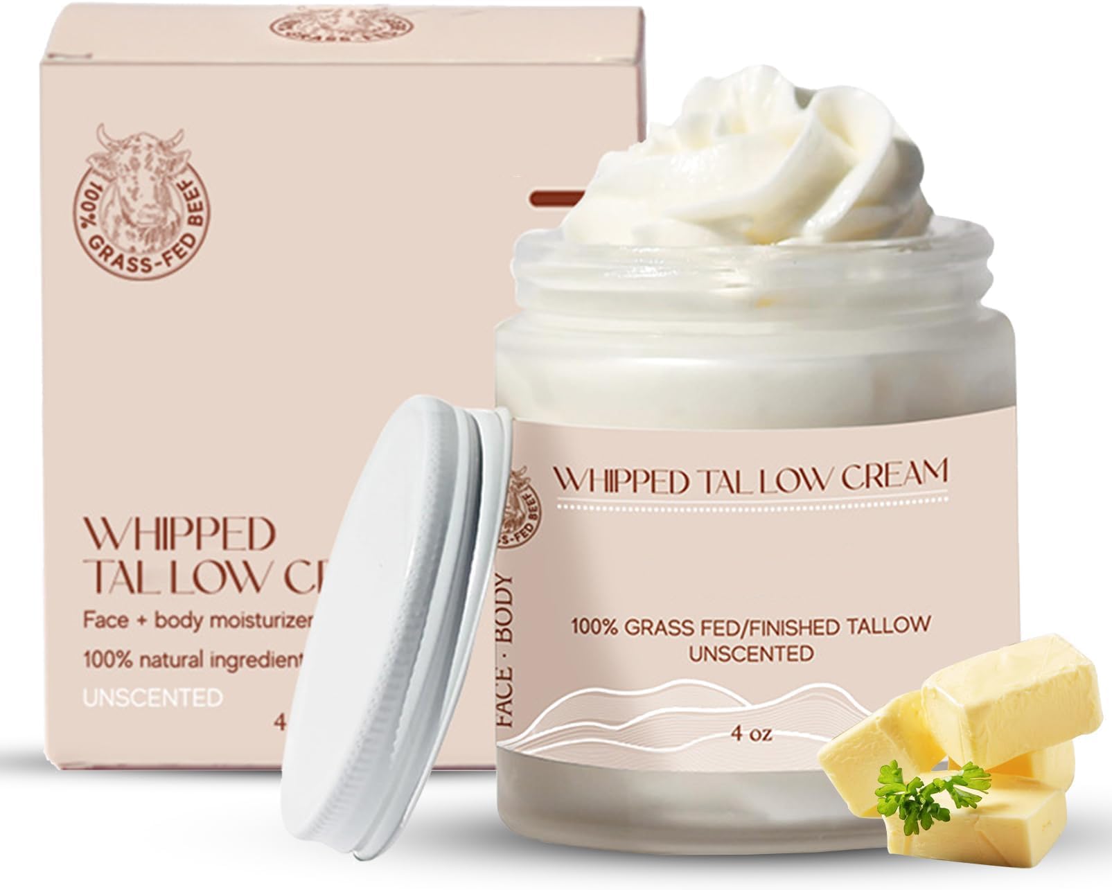 Beef Tallow for Skin Care, Organic Beef Tallow Moisturizer for Face and Body, 100% Grass Fed/Finished Beef Tallow, Soft, Smooth and Unscented, Whipped Moisturizer for Sensitive Skin (4 Oz)
