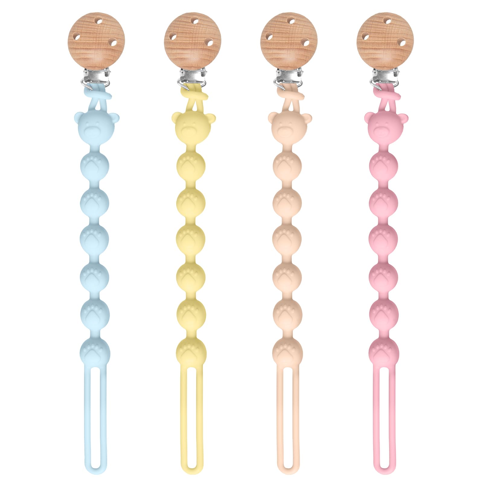 4 catenelle per ciuccio, in silicone, flessibilità, facile da pulire, catena per ciuccio e massaggiagengive 2 in 1, design 2 in 1, catenella per ciuccio, in legno, portabilità, aiuto dentale per