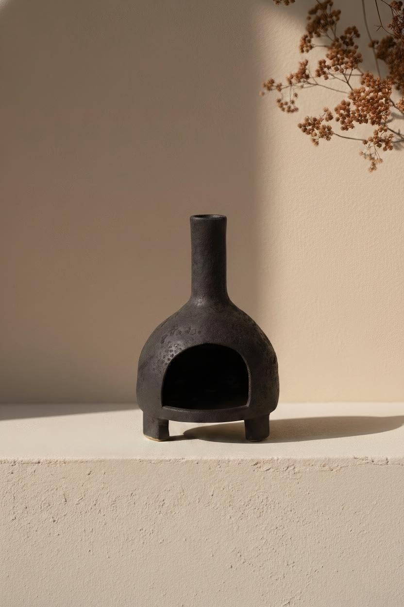 Sculptural Ceramic Incense Holder & Burner, Handmade Textured Clay with Black Glaze, for Sage & Palo Santo, Rustic Natural Decor for Wabi-Sabi Yoga & Meditation