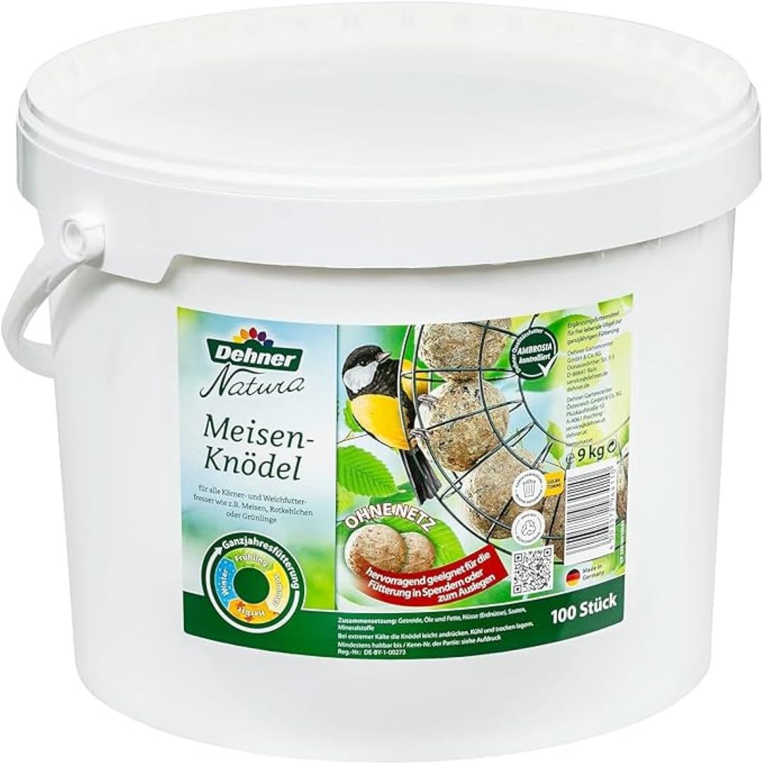Dehner Natura Vogelfutter | Wildvogelfutter | Meisenknödel ohne Netz | energiereiches Premium Ganzjahresfutter | Fettfutter mit Nüssen | für Meisen und Rotkehlchen | im Vorratseimer | 100 Stück | 9 kg