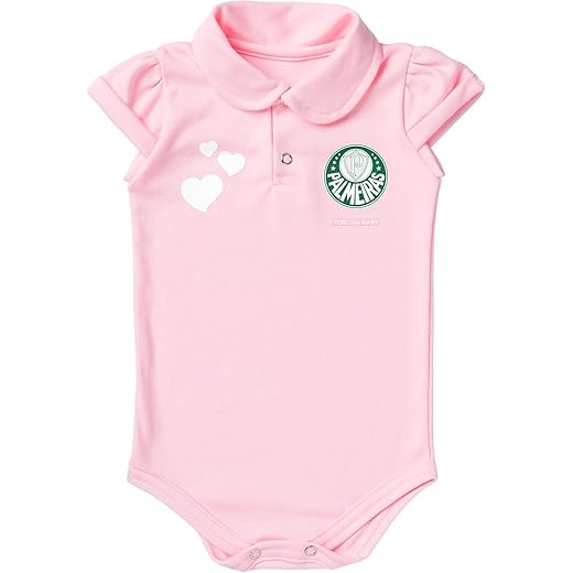 Torcida Baby Body Polo Rosa Palmeiras para Bebê Unissex, Manga Curta com Corações