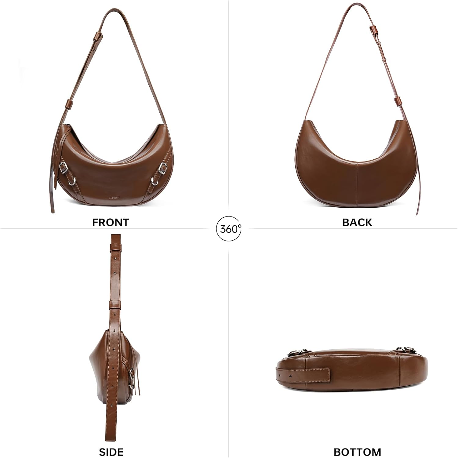 LA'FESTIN Genuine Leather Hobo Bag for Women Split Leather Crescent Shoulder Bag Crossbody Purse with Adjustable Strap