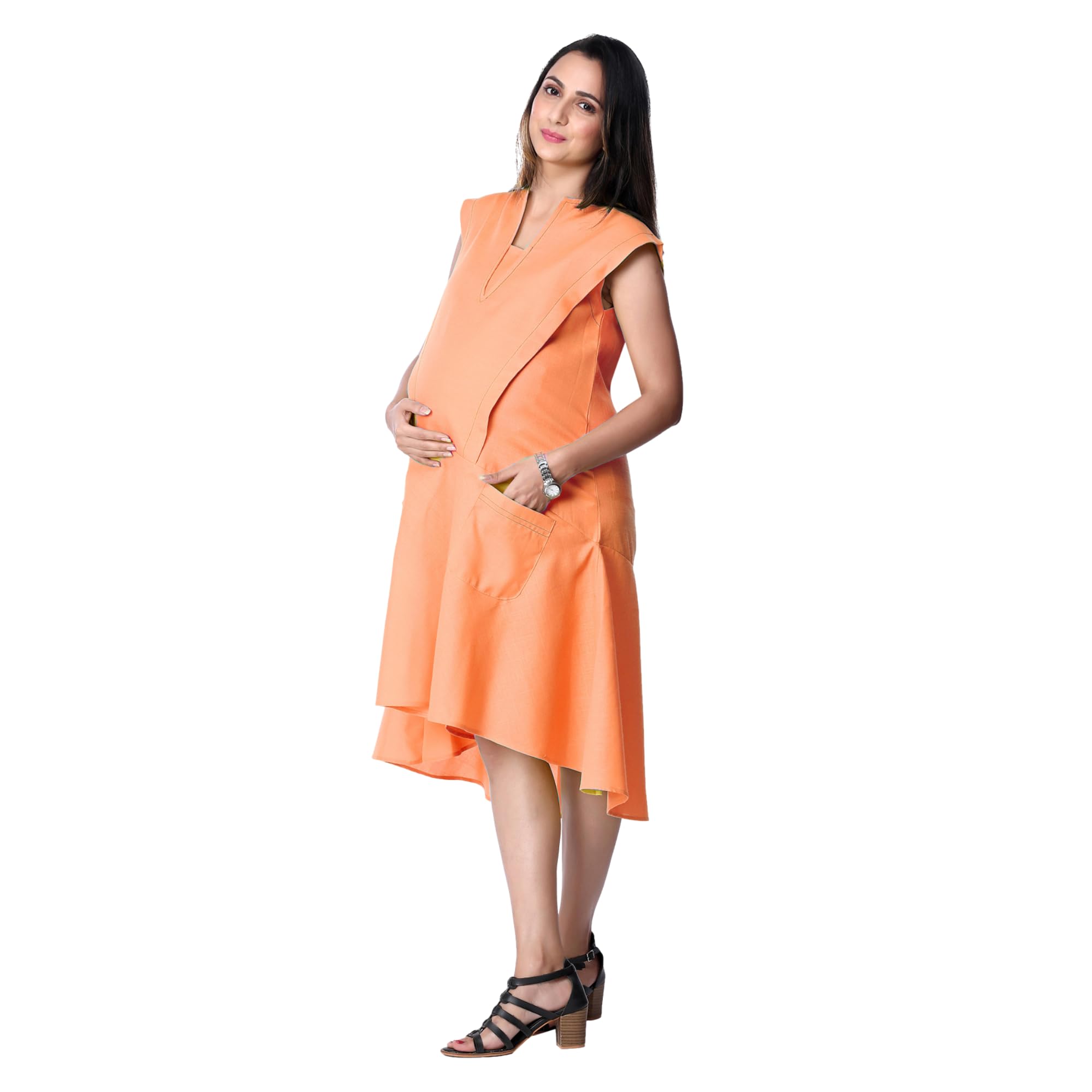 Peach Cotton Linen Maternity Dress-image-23