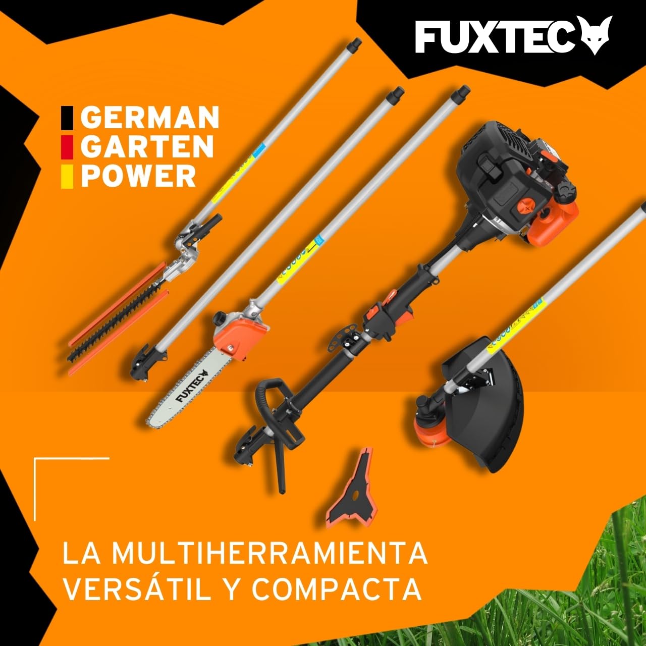 FUXTEC FX-MT152E Multiherramienta 5en1 a Gasolina – Desbrozadora, Cortasetos, Motosierra Inclinada, Cortabordes y Extensión 1 m – Motor 2 Tiempos 52cc para Jardinería