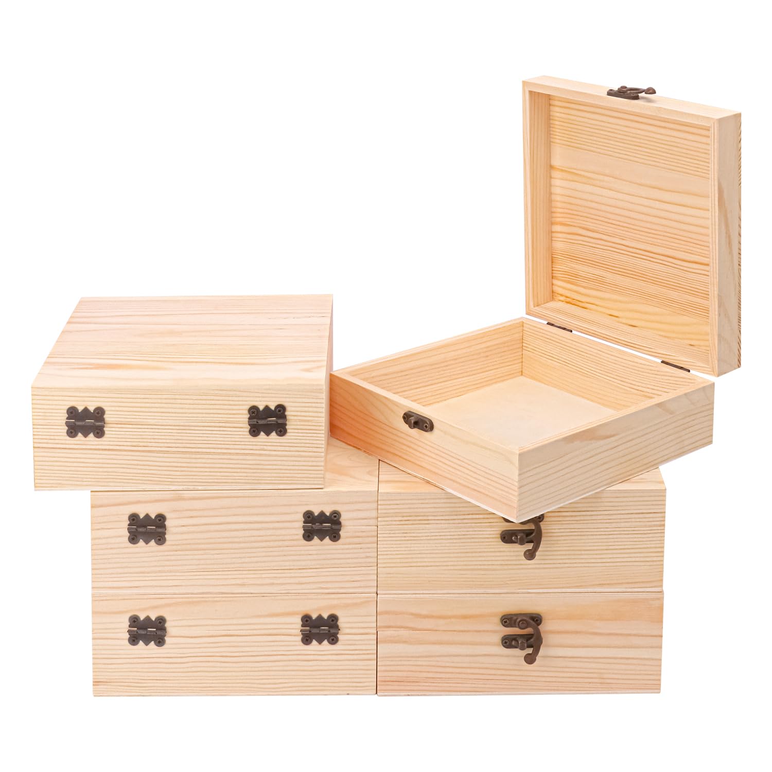 Paquete de 6 cajas de madera sin terminar sin pintar, caja lisa de pino para manualidades, caja de madera con tapa con bisagras para bricolaje, fines decorativos (7.1 x 7.1 x 2.75 pulgadas)