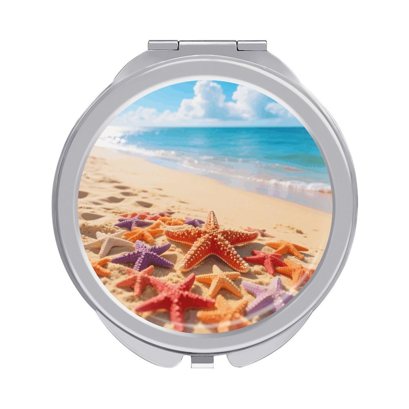 VstaDank Starfish and Sand Travel Makeup Mirror Fashion Folding Handheld Pocket Mirrors Portable Cute Mini Mirrors Round Compact Mirror for Purse Handbag& Gift Home Outdoor Use