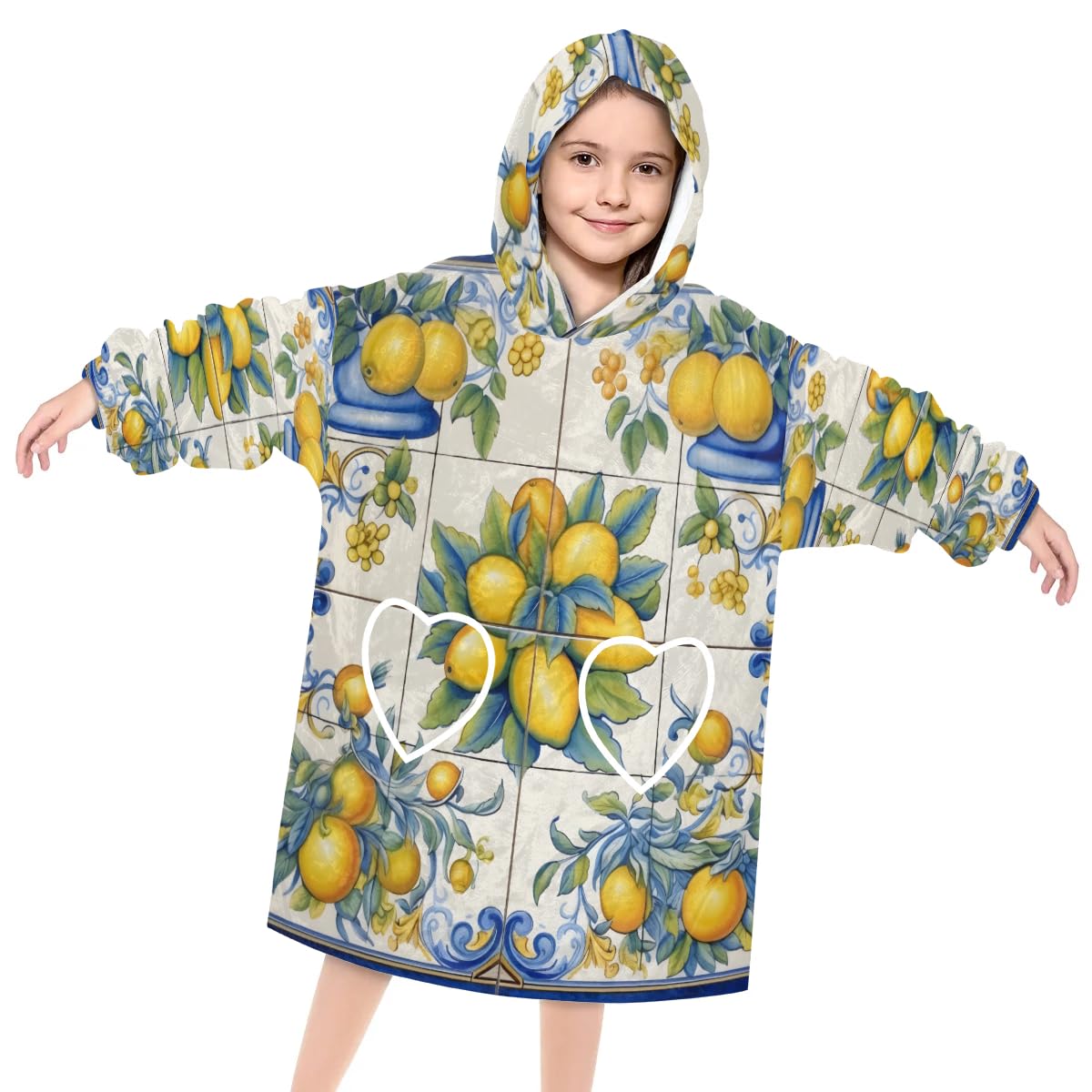 Pardick Wearable Blanket Hoodie for Kids, Fresh lemon Fleece Sweatshirt Blanket Oversized Blanket Sweatshirt with Pocket Flannel Warm Hooded Blanket 6-10 Year Old Girl Boy Gift, One Size