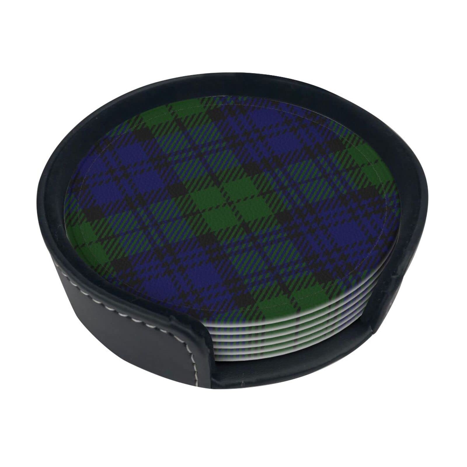 Round Coasters, Black Watch Tartan Plaid,Mugs Pad Cups Mat Set of 6 Leather Drinks Coasters with Holder