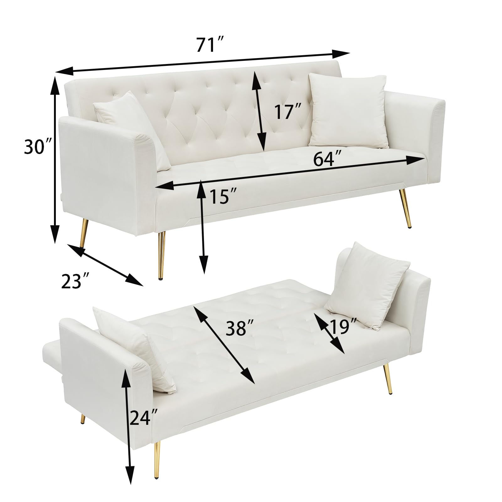 71" Modern Velvet Sofa Bed Futon, Convertible Sleeper Couch, Adj. Backrest | Tufted Recliner Loveseat Design with Golden Chrome Legs & 2 Pillows, Perfect for Small Spaces, Living Room, Apartment