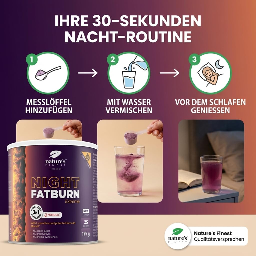 Nature's Finest Night Burn Extreme, Trinkpulver 125 g | Mit Morosil (Rot-Orangenextrakt), L-Carnitin und Baldrian