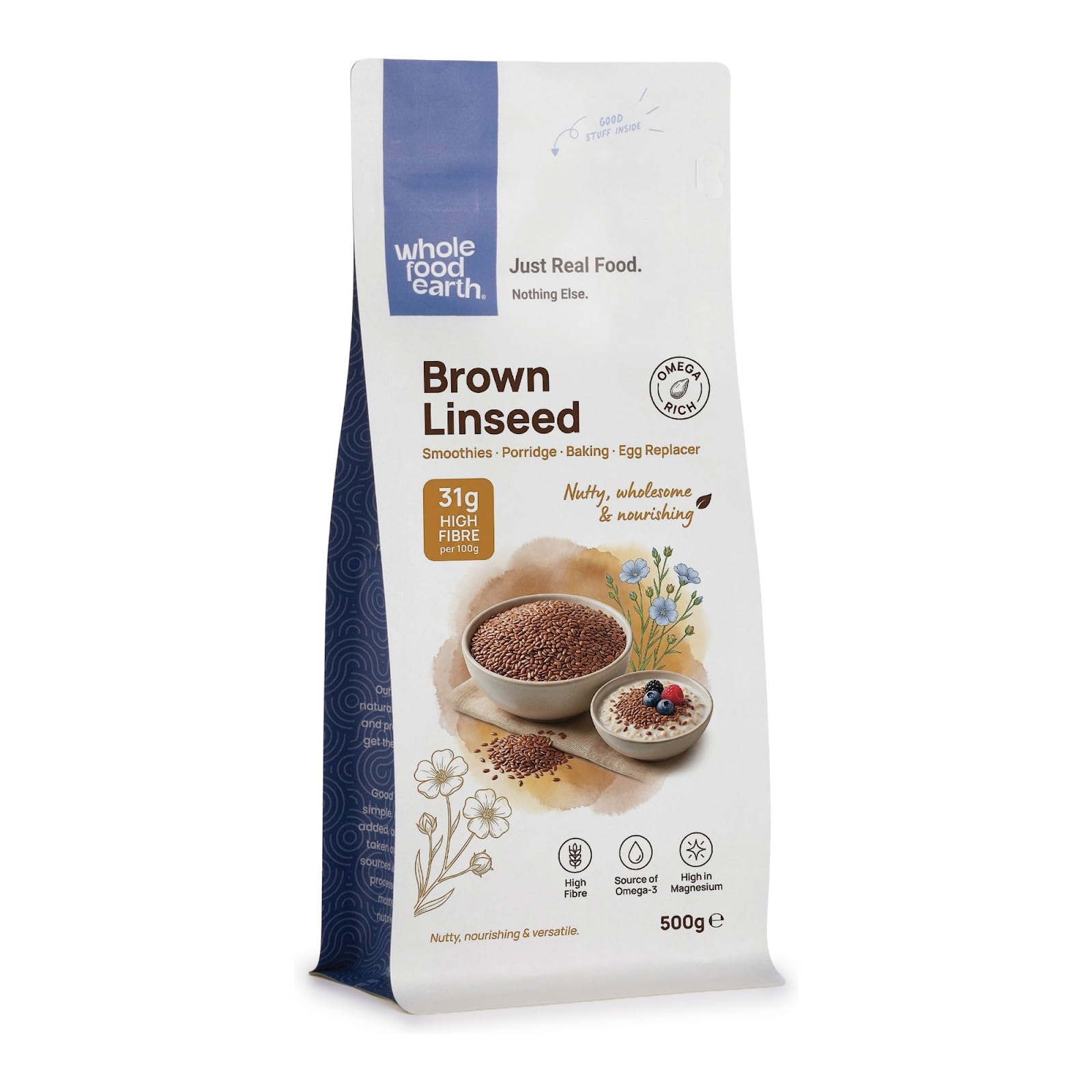 Wholefood Earth Brown Linseed/Flaxseed 500 g, GMO Free, Natural, High Fibre, Source of Protein