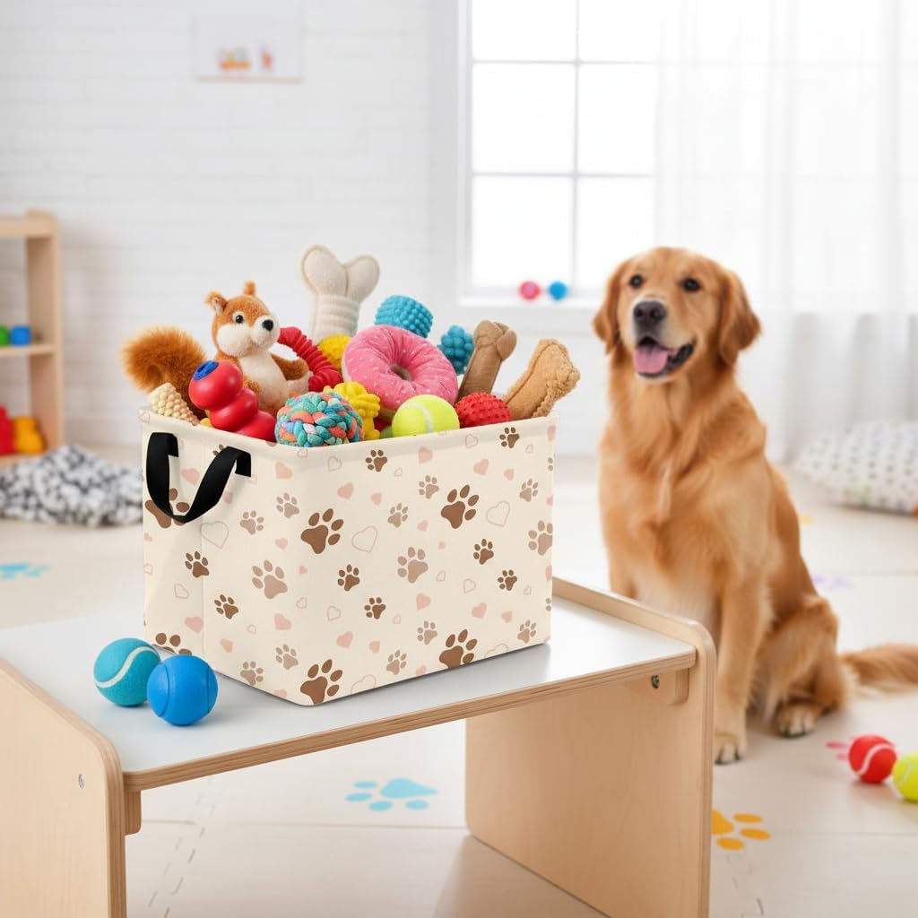 Dog Toy Basket for Pet item storage, Boys & Kids Rectangular Toy Basket Canvas Cute Basket for Toys, Books, Blankets & More (Brown Paw Print) image 5