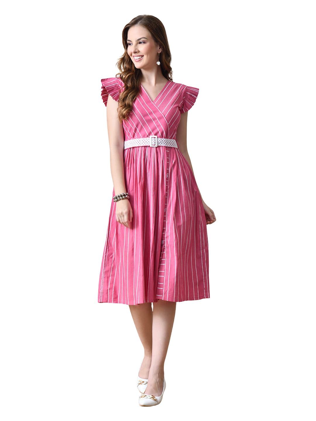 majesta Women's Cotton Striped Dress for Women | Western Style Fit & Flare Dress with Embroidered Belt | Casual, Party Dresses for Women-picture-28