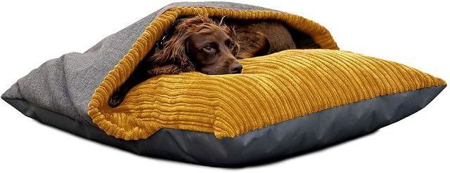 rucomfy Fibre-Filled Medium Burrower Calming Dog Bed with Comfort Blanket - Machine Washable Jumbo Cord Pet Bed with Water Resistant Base - 70 x 85 x 20cm (Mustard)