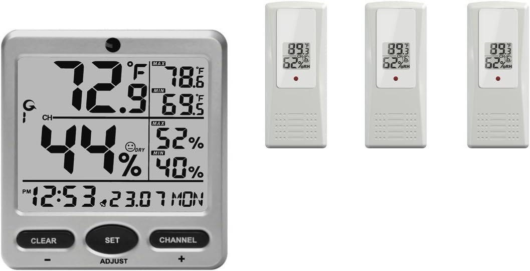 Ambient Weather WS-08-X3 Wireless Indoor/Outdoor 8-Channel Thermo-Hygrometer with Daily Min/Max Display with Three Remote Sensors