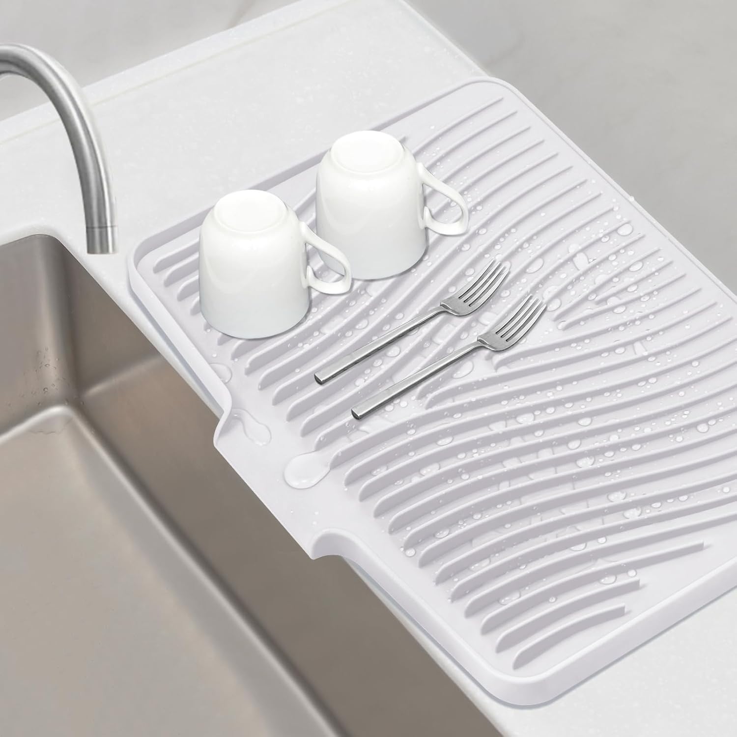 Silicone Dish Drying Mat, Stone Drying Mat for Kitchen Counter with Built-In Drain, Non-Slip Drying Matt Kitchen Counter, Heat Resistant Dish Drying Pad, 1 Pc (19.7" x 17",Ivory) 19.7" x 17" Ivory-1pcs