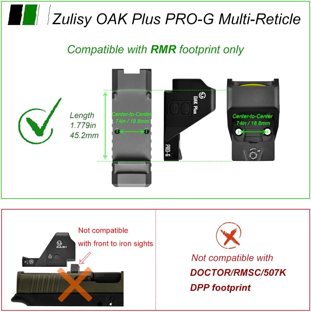Zulisy Oak Plus PRO-G Multi-Reticle Green Dot Sight – 2 MOA Dot & 28 MOA Circle, for RMR / 407C Footprint, 1x26mm Large Window, Shake to Awake, EDC Tactical Full-Size Pistol Optic (Gen 3)