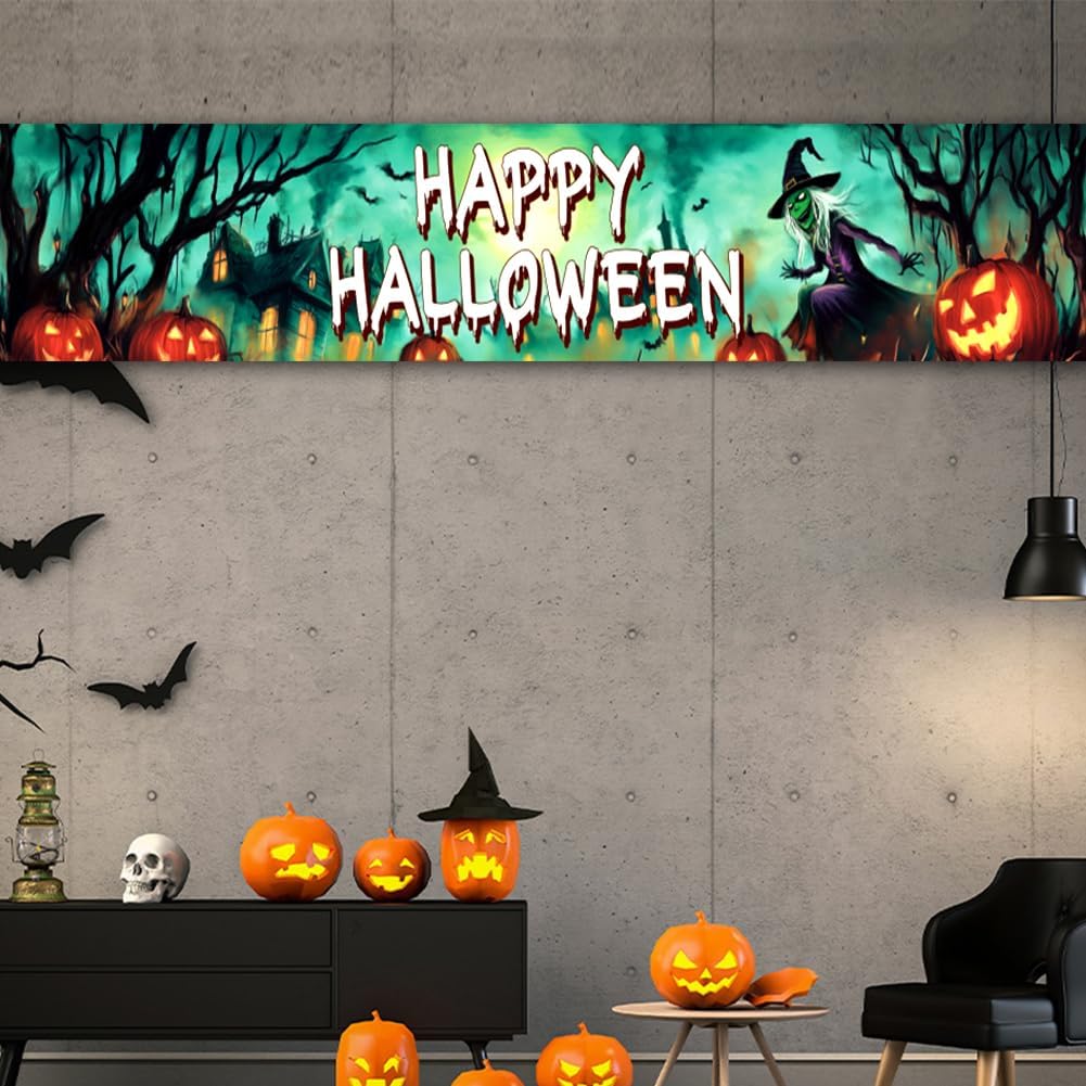 Happy Halloween Banner Large 120 x20 Inch Green Yard Sign Banner Flag Scary Halloween Party Hanging Decorations for Outdoor Fence Garage Garden Porch Holiday Backdrop Decor