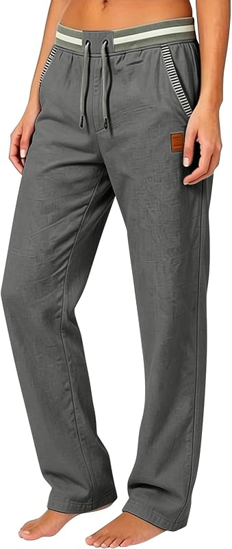 Pantalones de lino de algodón para mujer de gasa con cordón de cintura alta, pierna recta, pantalones casuales con bolsillos