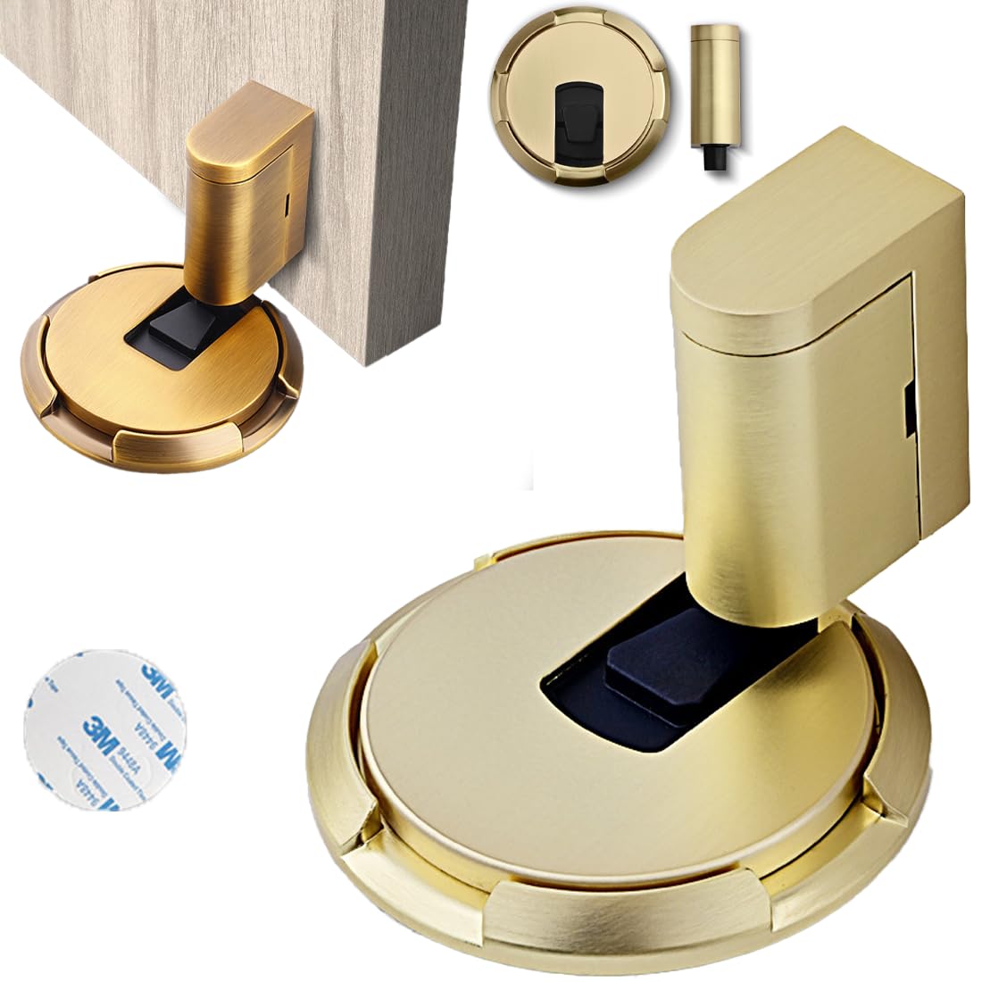 Door Stopper, Magnetic Floor Door Stop with Adhesive, No Drilling, Adjustable Heavy Duty Door Catch Door Holder (Plate Gold)