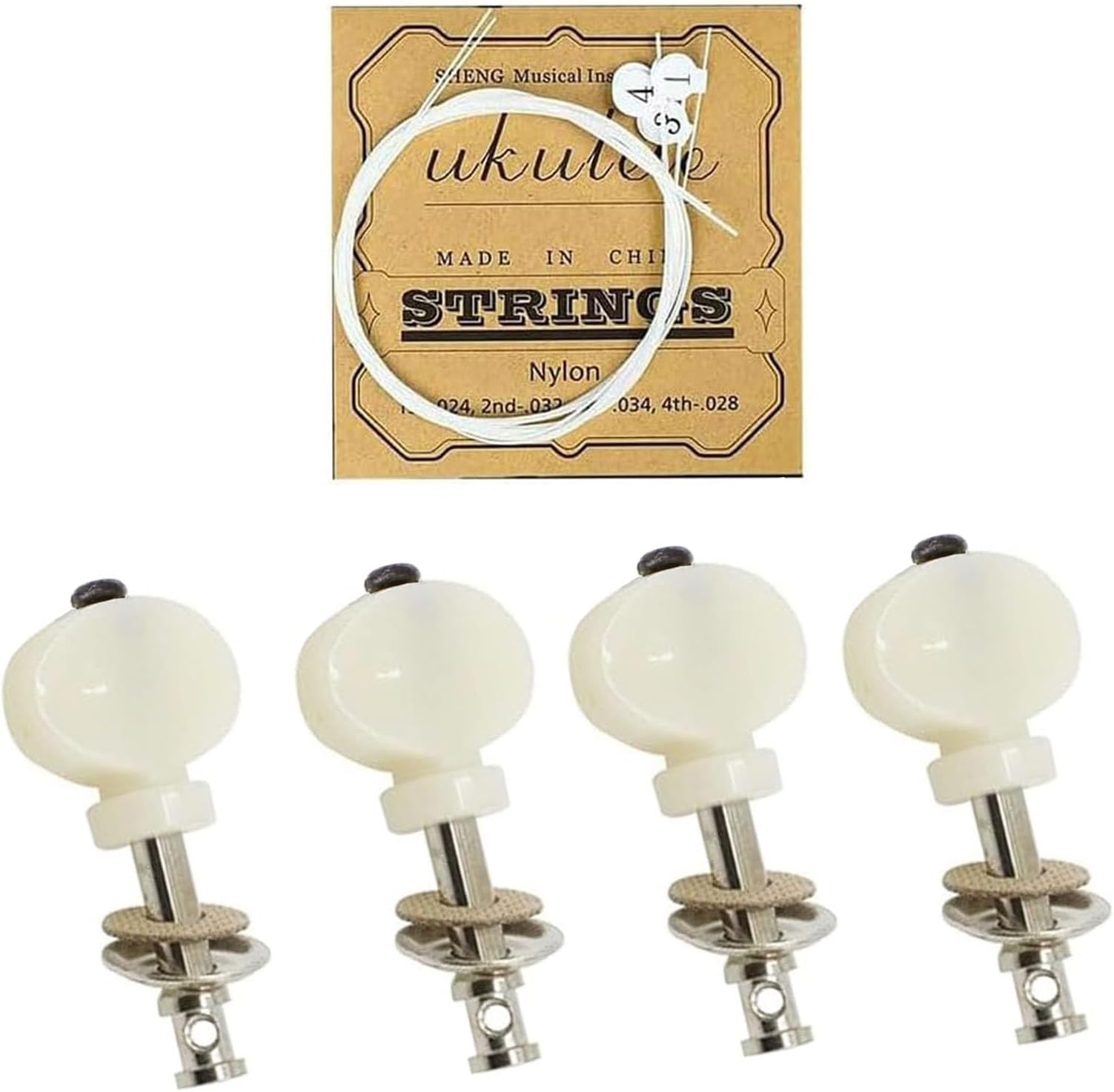 4pcs Ukulele Tuning Pegs & 1 Set Nylon Strings, Metal Pin Machine Heads Tuners for Precise Tuning, Replacement Parts (White)