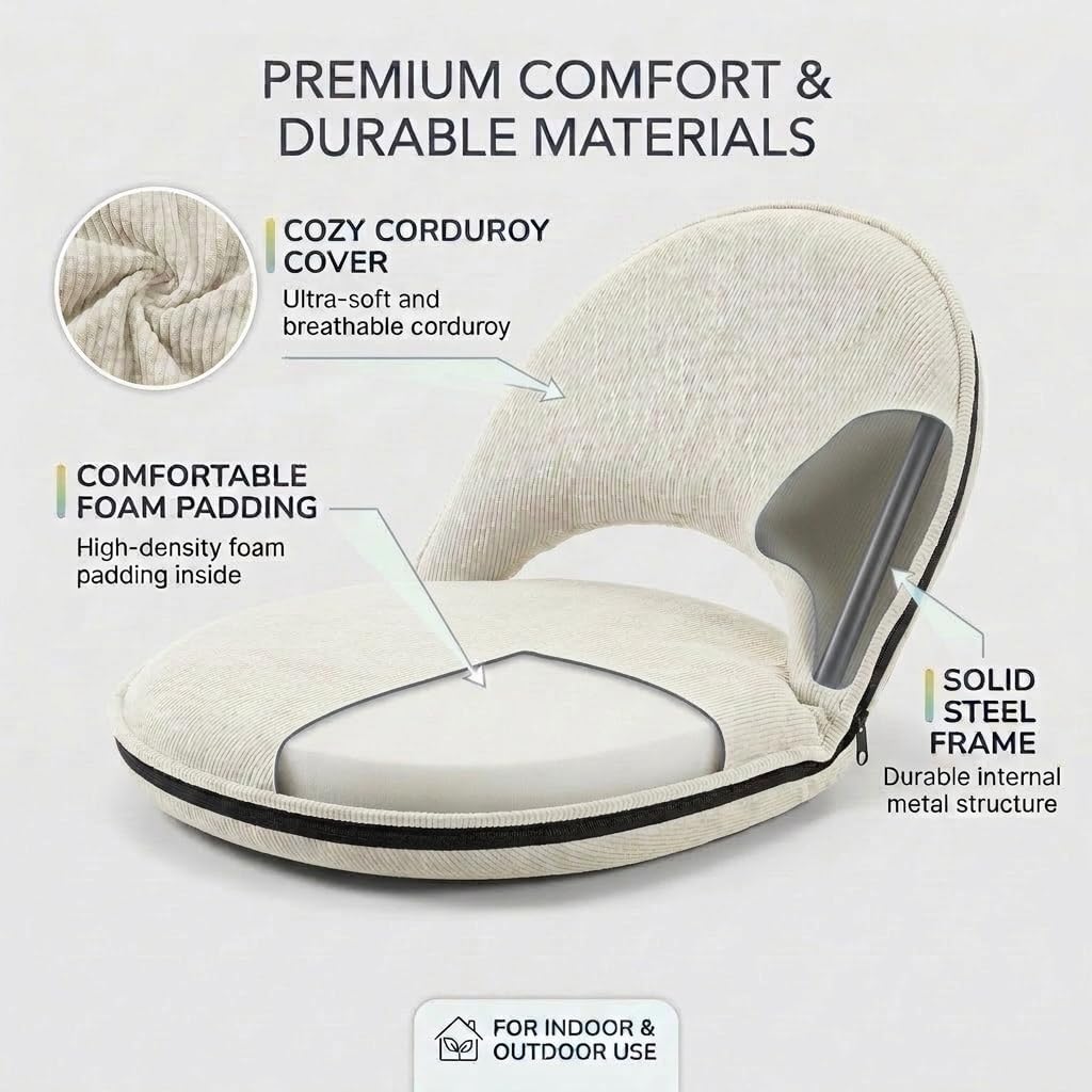 Foldable Floor Chair with Adjustable Back Support - Comfy Cushioned Floor Seat Recliner for Kids & Adults - Flexible Classroom Seating, Gaming Reading Meditation Chair, Beige image 4