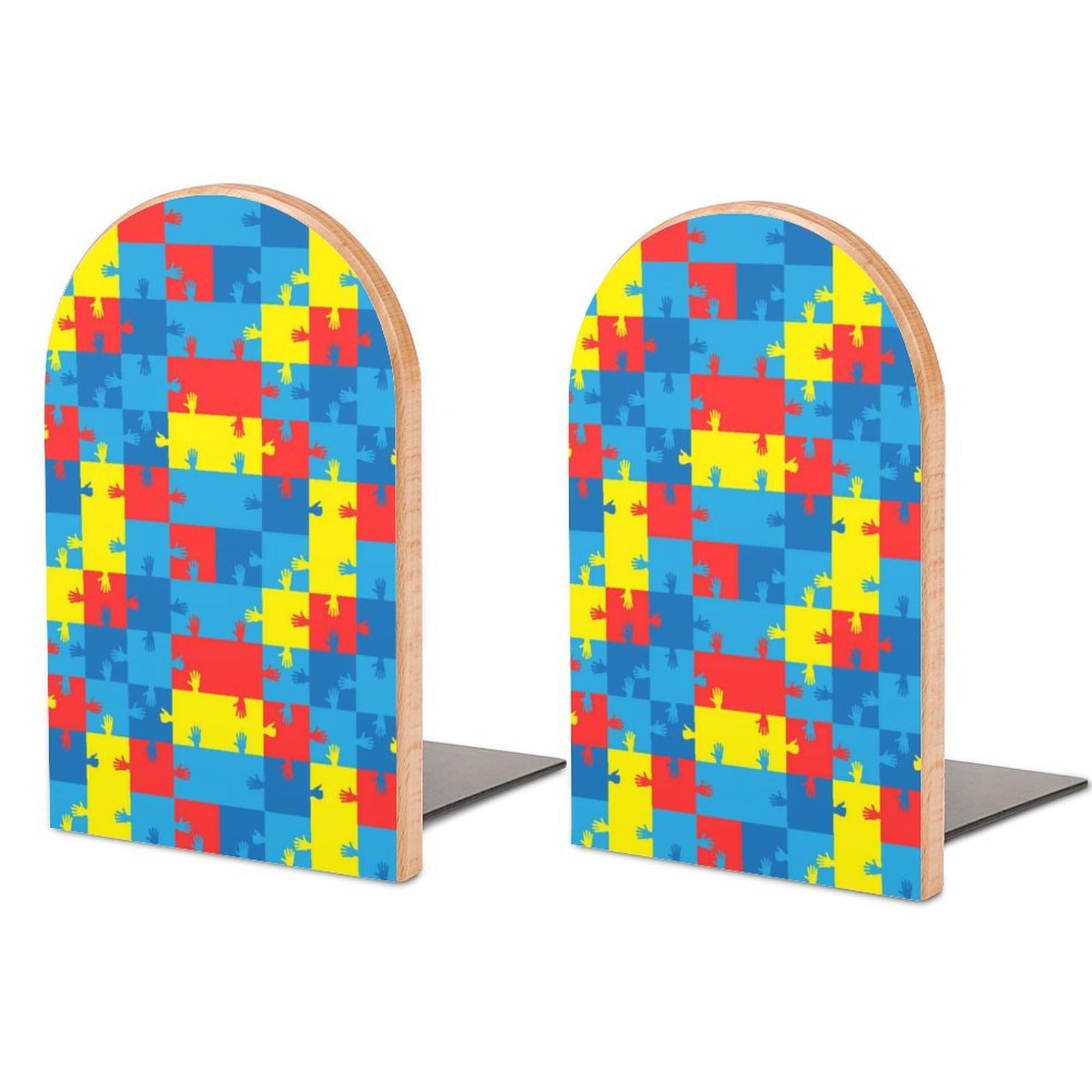Symbol of Autism Puzzles And Hands Book Ends for Shelves Bookends Bookshelf Holder Stand Books Stopper Home Office Decor