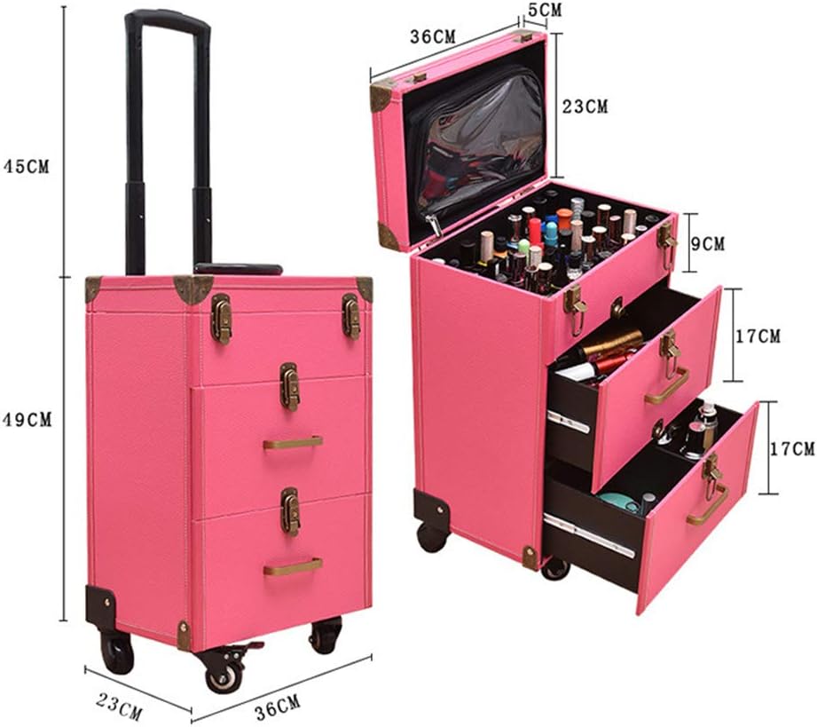 Trolley Cosmetic Case Professional Multi-Layer Drawer e Large Vanity Case Capacity Nail Storage Box Toolbox (Pink)