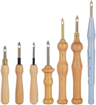 7Pcs Punch Needle Tool Kit with Wooden Handle, Adjustable Hooking Needles, Threaders for Embroidery, Rug Projects, Sewing, and Stitch Work